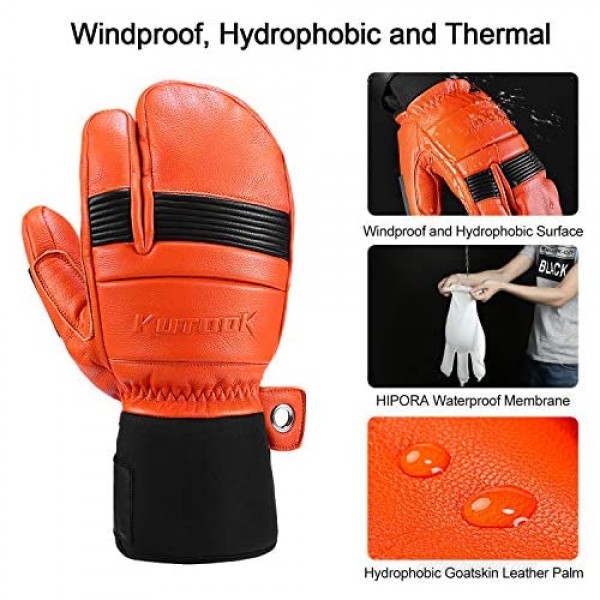 KUTOOK Ski Mittens with HIPORA Waterproof Membrane Goat Leather Gloves for Skiing Outdoor