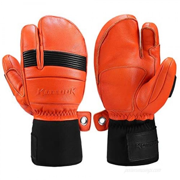 KUTOOK Ski Mittens with HIPORA Waterproof Membrane Goat Leather Gloves for Skiing Outdoor