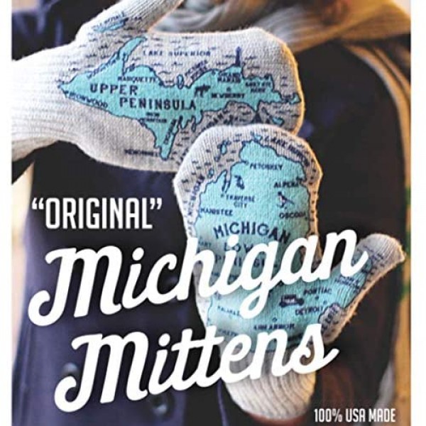 Michigan Mittens Original Mitten Pair with Upper and Lower Peninsula and Great Lakes Map Grey Acrylic Knit for Men and Women Made in USA