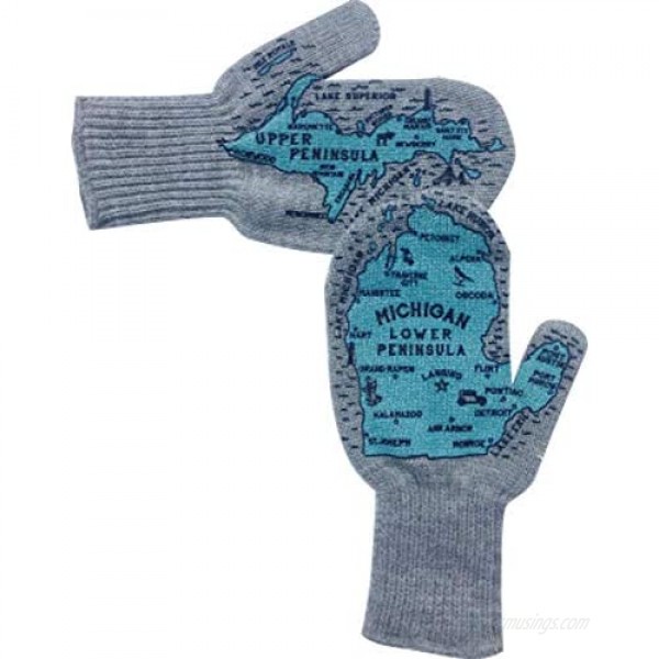 Michigan Mittens Original Mitten Pair with Upper and Lower Peninsula and Great Lakes Map Grey Acrylic Knit for Men and Women Made in USA