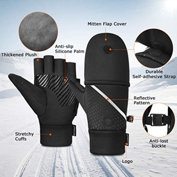 Winter Fingerless Gloves For Men Touch Screen Gloves Convertible Sport Gloves For Hiking Running Driving Cycling