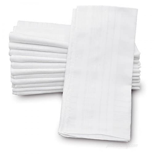 GB Men's Handkerchiefs 100% Cotton Solid White with Stripe Large Classic Hankies Bulk Set 12 Pack