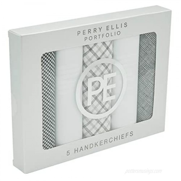Perry Ellis Metalic Silver Gift Box With 5 100% Cotton Handkerchiefs