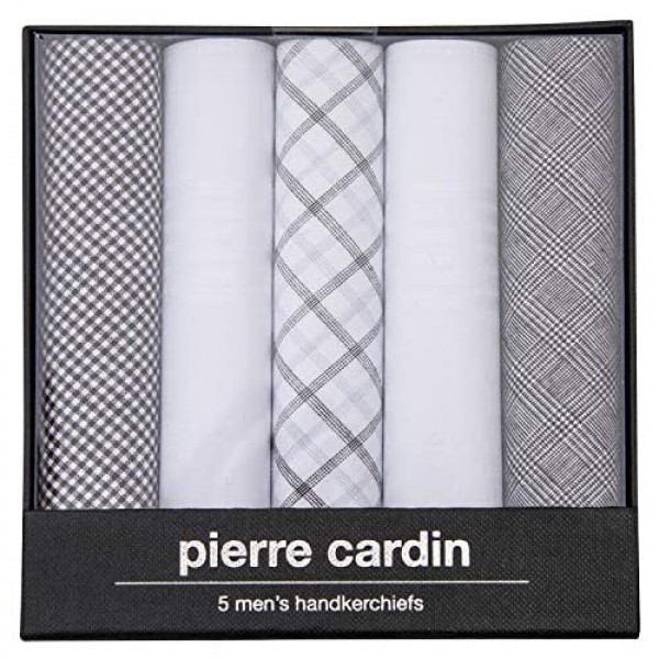 Pierre Cardin Designer Fashion Handkerchiefs for Men-5 Pack Gift Sets in Solid Colors and Patterns 100% Pure Cotton