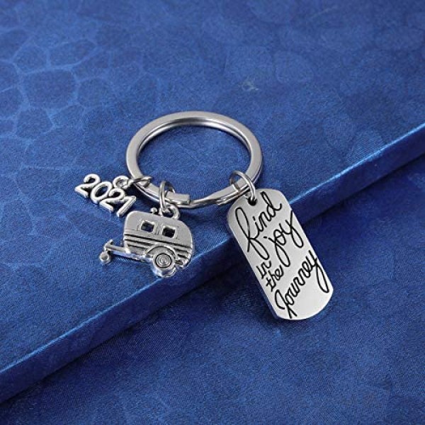 2021 Find Joy in The Journey Keychain Happy Camper RV Trailer Key Chain Enjoy Retirement Keyring for Boss and Coworker Gift