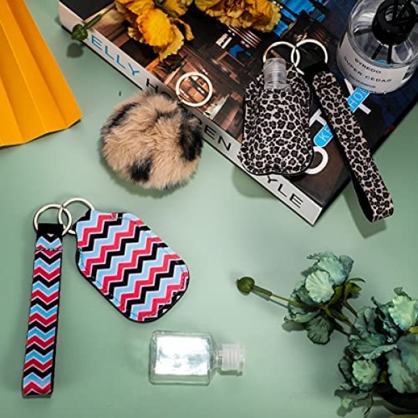 48 Pieces Pom Poms Keychains Empty Travel Bottles with Keychain Holder Set Include Portable Refillable Travel Bottle Container with Flip Cap Bottle Holders Wristlet Keychain and Fluffy Ball Keychain