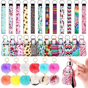 48 Pieces Pom Poms Keychains Empty Travel Bottles with Keychain Holder Set Include Portable Refillable Travel Bottle Container with Flip Cap Bottle Holders Wristlet Keychain and Fluffy Ball Keychain