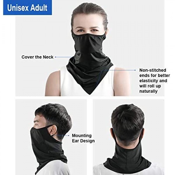 Face Mask Cover Ear Loops Neck Gaiter Summer Cooling Face Scarf Black Sun UV Protection Face Cover for Fishing Driving Hiking Reusable Washable Bandanas Balaclavas for Men&Women Dust & Wind Proof