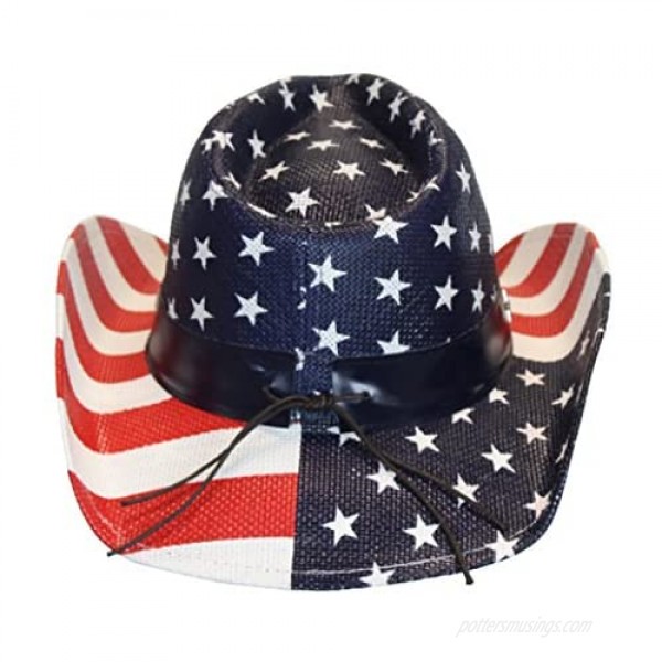 ANGELA & WILLIAM USA American Flag Straw Cowboy Hat w/Shapeable Brim Red White Navy Blue