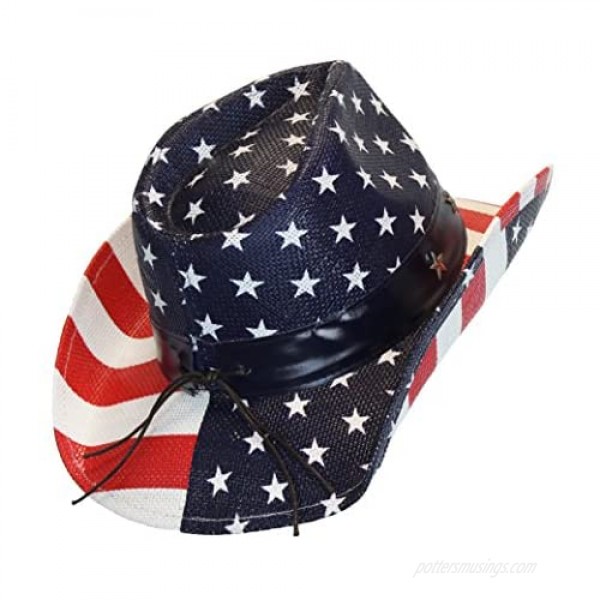 ANGELA & WILLIAM USA American Flag Straw Cowboy Hat w/Shapeable Brim Red White Navy Blue