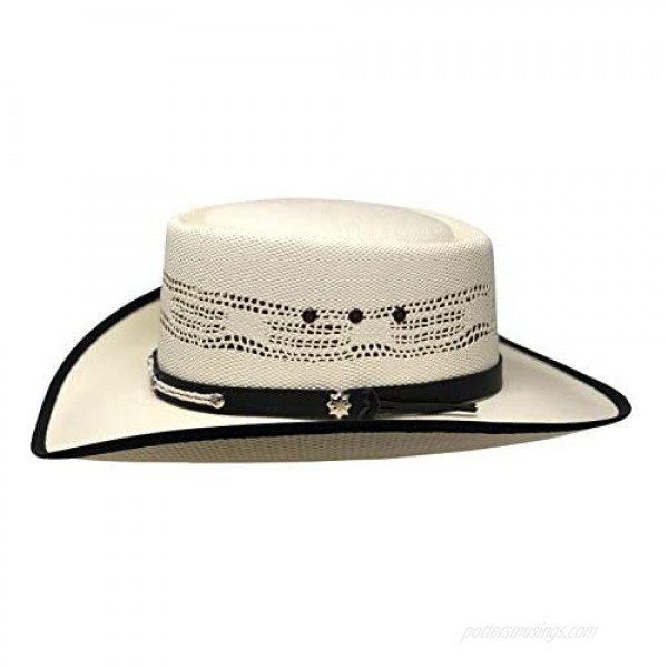 Genuine Straw Gambler Bangora Hat with Leather Rope Band Black Trim
