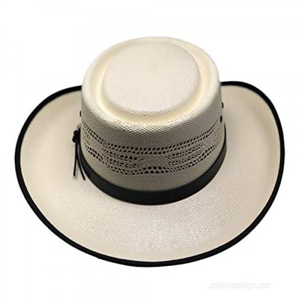 Genuine Straw Gambler Bangora Hat with Leather Rope Band Black Trim