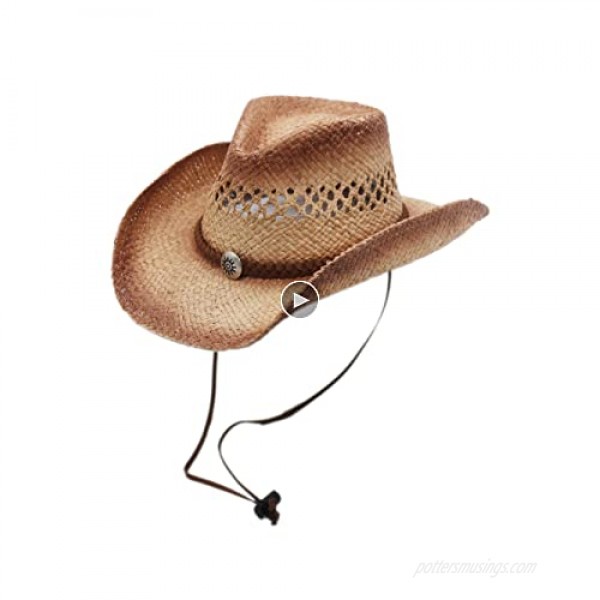 Raffia Straw Cowboy Western Sun Hat Chin Strap Silver Canyon Natural