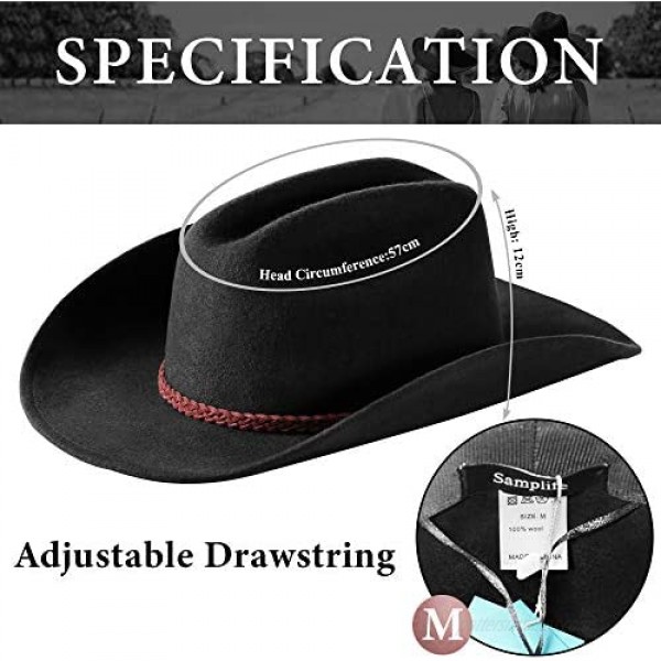Samplife Western Cowboy Hat Men Mexican Style Cowgirl Wool Fedora Cattleman Adult Outback