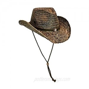 Vamuss Black Stained Seagrass Western Cowboy Hat with Shapeable Brim and Chin Strap