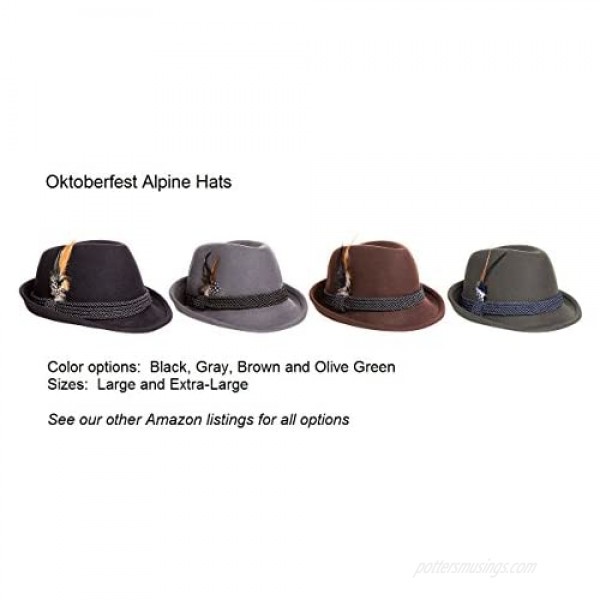 Alpine Holiday Oktoberfest Wool Bavarian Fedora Hat - Brown Color - Size Large (L)
