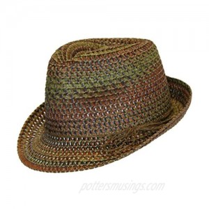 Boho Festival Straw Fedora Sun Hat in Olive Brown and Rust Earth Tones One Size
