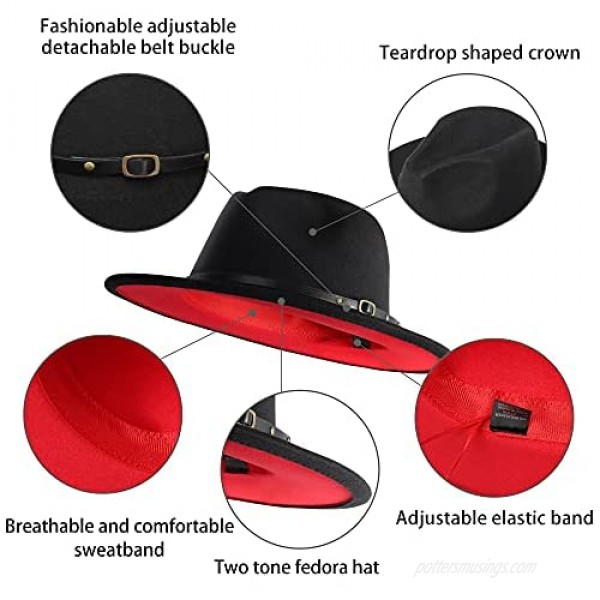 EXTREE Mens Jazz Cap Black Red Patchwork Wool Felt Fedora Hats Belt Buckle Decor Unisex Wide Brim Cowboy Cap Sunhat
