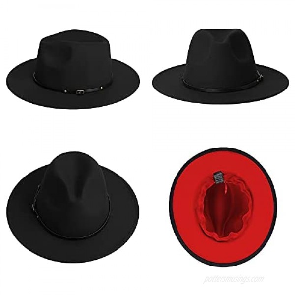 EXTREE Mens Jazz Cap Black Red Patchwork Wool Felt Fedora Hats Belt Buckle Decor Unisex Wide Brim Cowboy Cap Sunhat