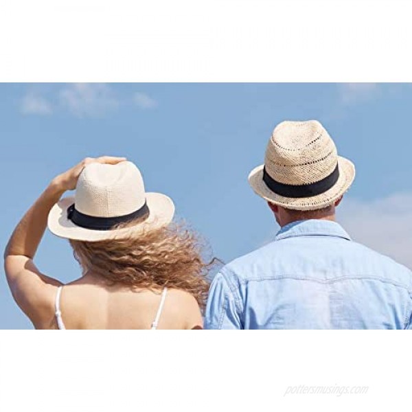 Lanzom Men Women Fedora Straw Sun Hat Foldable Roll Up Short Brim Trilby Hat Summer Beach Hat