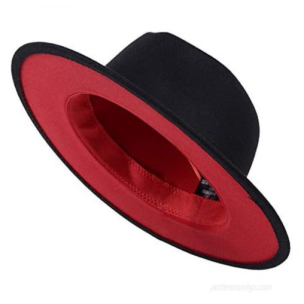 WAYUYU Black Patchwork Wool Felt Jazz Fedora Hat Casual Men Women Leather Strap Wide Brim Felt Hat