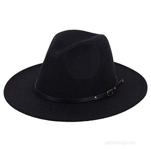 WAYUYU Black Patchwork Wool Felt Jazz Fedora Hat Casual Men Women Leather Strap Wide Brim Felt Hat