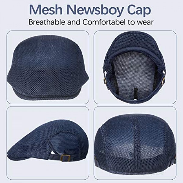 Geyoga 3 Pieces Mesh Newsboy Cap Mesh Breathable Summer Cap Adjustable Newsboy Beret Cap Cabbie Flat Cap