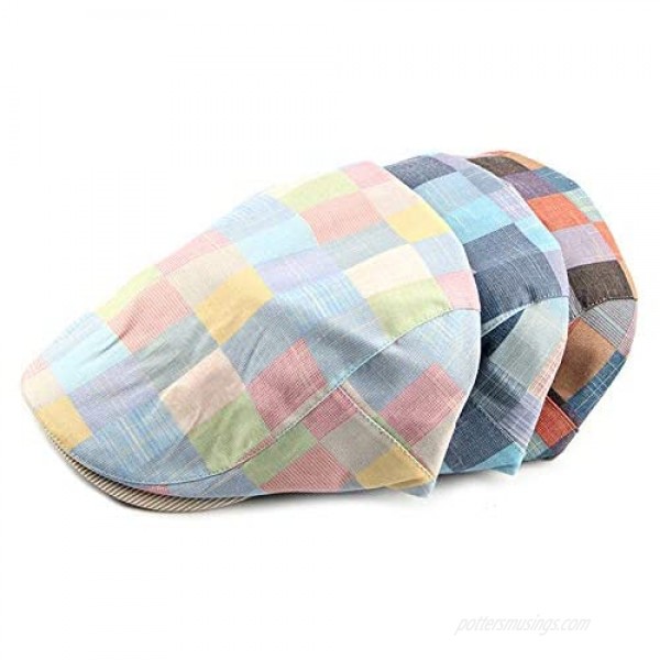 Gudessly Mens Adjustable Colorful Striped Plaid Ivy Newsboy Cabbie Gatsby Golf Beret Flat Cotton Hat Thin Cap
