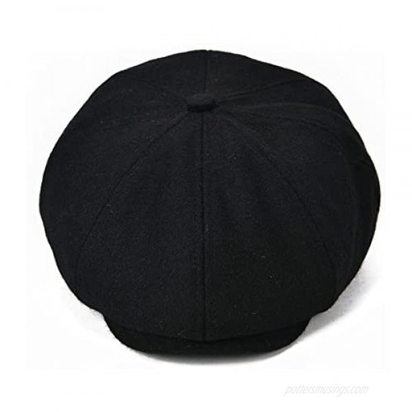 VOBOOM Men Wool Blend Newsboy Cap 8 Panel Hat Tweed Cap Herringbone Cabbie Flat Cap (Black)
