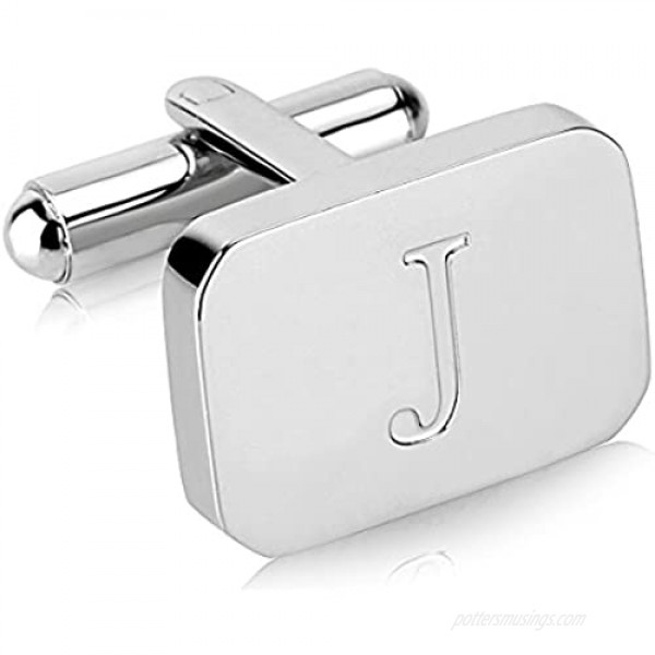 18K White-Gold Plated Initial Engraved Stainless Steel Men’s Cufflinks With Gift Box -Personalized Alphabet Letter’s A-Z By Lux & Pair