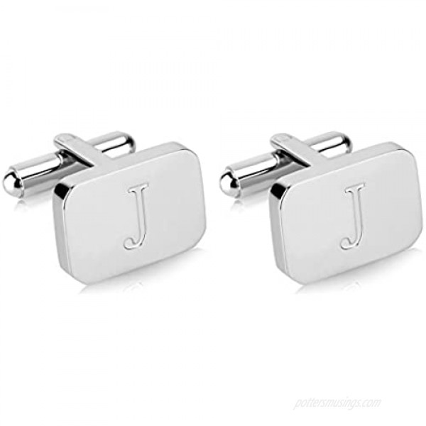 18K White-Gold Plated Initial Engraved Stainless Steel Men’s Cufflinks With Gift Box -Personalized Alphabet Letter’s A-Z By Lux & Pair
