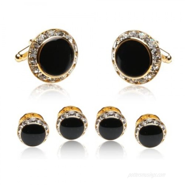 Black Enamel and CZ Gold Tuxedo Formal Set Cufflinks and Studs with Gift Box