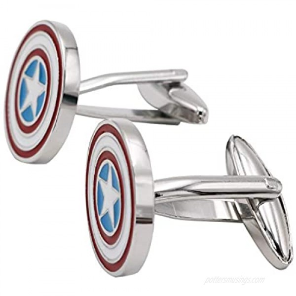 BXLE Captain America Cufflinks in Hand Made Marvel's The Avengers Cuff Button Iconic Patriotic Shield The American Hero Jewelry with Jewelry Box