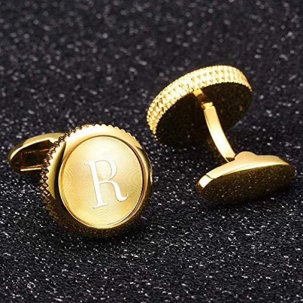 Cat Eye Jewels Gold Tone Classic Alphabet Initial A-Z Round Mens Cufflinks for Men Groom Tuxedo Formal Shirts Business Wedding with Gifts Box