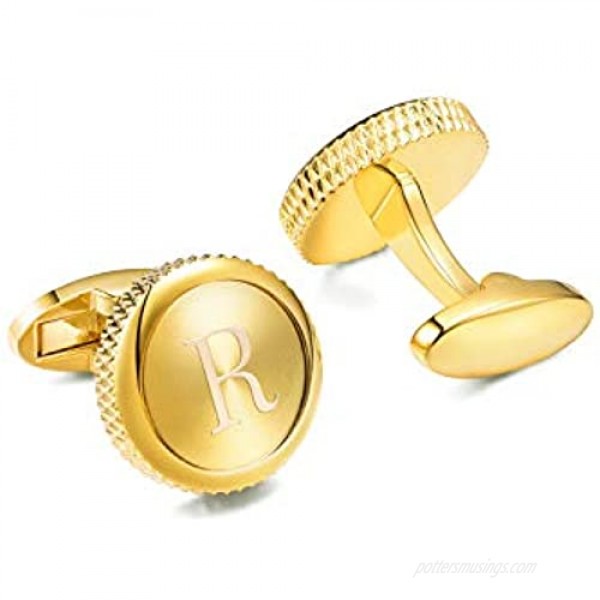Cat Eye Jewels Gold Tone Classic Alphabet Initial A-Z Round Mens Cufflinks for Men Groom Tuxedo Formal Shirts Business Wedding with Gifts Box