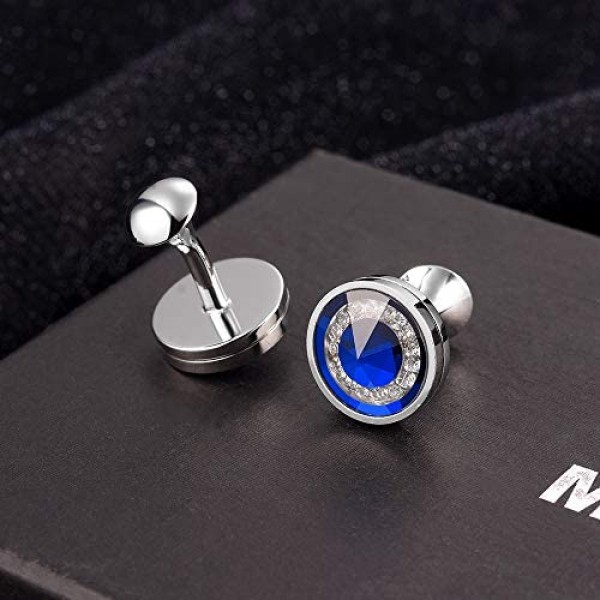Cat Eye Jewels Round Silver Black Glass Crystal with Cubic Zirconia Inlay Mens Cufflinks for Men Luxurious Tuxedo Formal Shirts Wedding Busibess Gifts Box