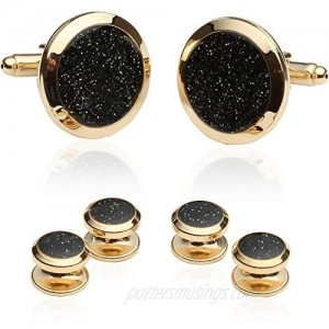Cuff-Daddy Mens Black Diamond Dust Gold Cufflinks and Studs Cuff Links with Jewelry Presentation Box Shirt Accessories Special Occasions Boys Cufflinks for Wedding Party