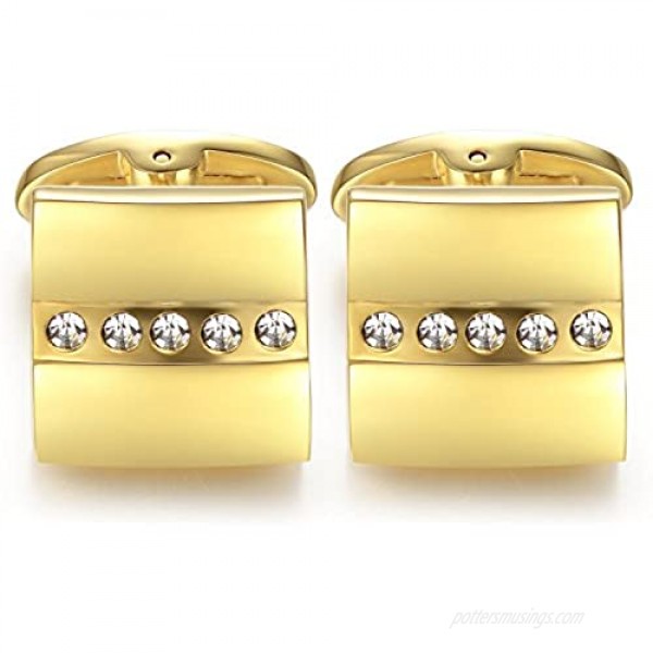 HONEY BEAR Gold Square Crystal Cufflinks for Mens Shirt Steel Wedding Gift