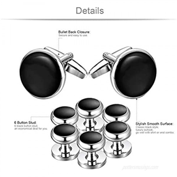 Jstyle Mens Cufflinks and Studs Set Tuxedo Shirts Classic Black&Silver Match for Business Wedding Formal Suit