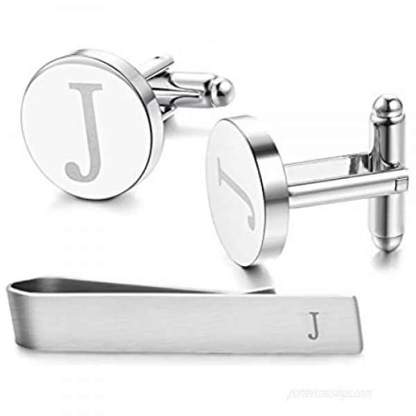 LOYALLOOK Stainless Steel Engraved Initial Cufflinks and Tie Clip Bar Set Alphabet Letter with Gift Box A-Z