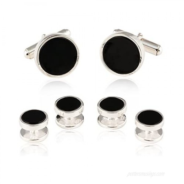 Mens Sterling Silver Black Onyx Cufflinks and Studs Formal Set with Presentation Gift Box Solid 925 Wedding Party Tuxedo Suit Shirts