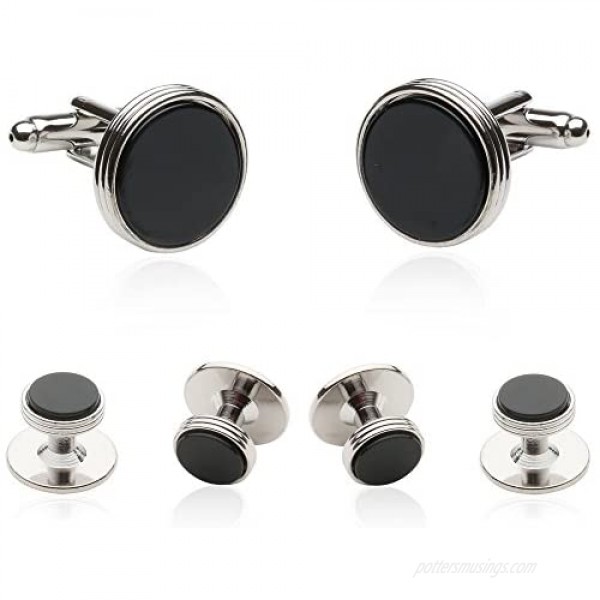 Mens Tuxedo Cufflinks and Studs Formal Set in Black Onyx and Silver with Travel Presentation Gift Box Men Cufflinks for Wedding Groomsmen Jewelry