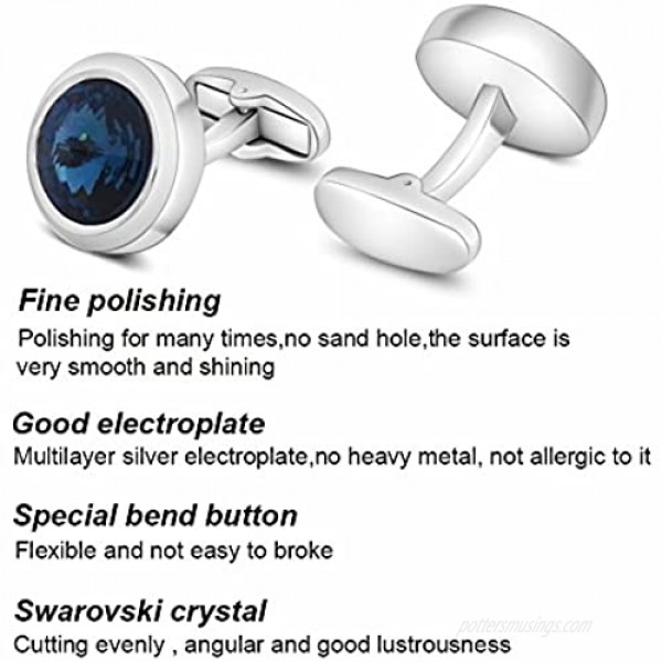MERIT OCEAN Mens Cufflinks Elegant Style Cuff Link Super Shiny Swarovski Navy Blue Crystal Circular Cufflinks with Gift Box
