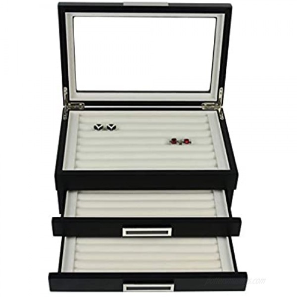 TIMELYBUYS Black Ebony Wood Cufflink Case & Ring Storage Organizer with Stainless Steel Engravable Design Accent Men's Jewelry Box for 108 Cufflinks
