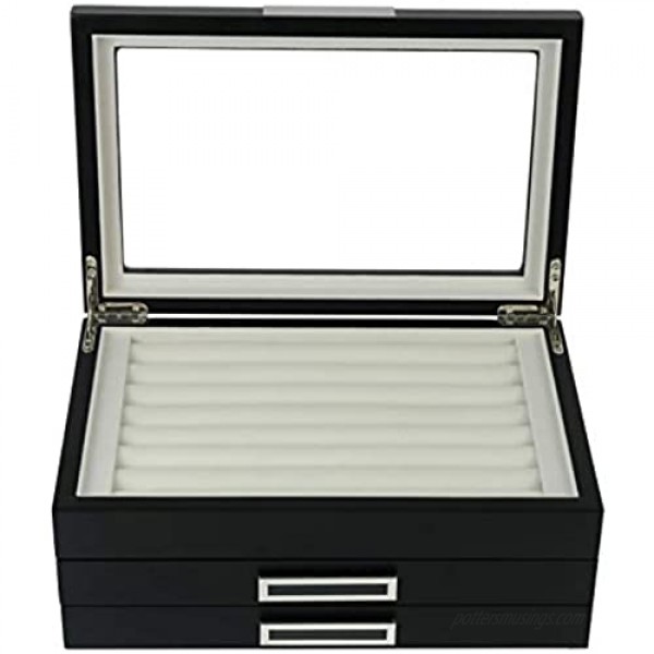 TIMELYBUYS Black Ebony Wood Cufflink Case & Ring Storage Organizer with Stainless Steel Engravable Design Accent Men's Jewelry Box for 108 Cufflinks