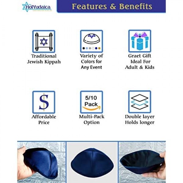 HolYudaica Pack of 10-Pcs - Hq 19/20CM Satin Kippah for Men & Boys Yamaka Hat from Israel - Kippot Bulk
