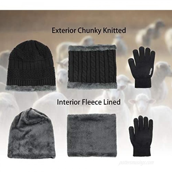 Maylisacc Winter Knit Beanie Hat Neck Warmer Scarf and Touch Screen Gloves Set 3 Pcs Fleece Lined Skull Cap for Men Women