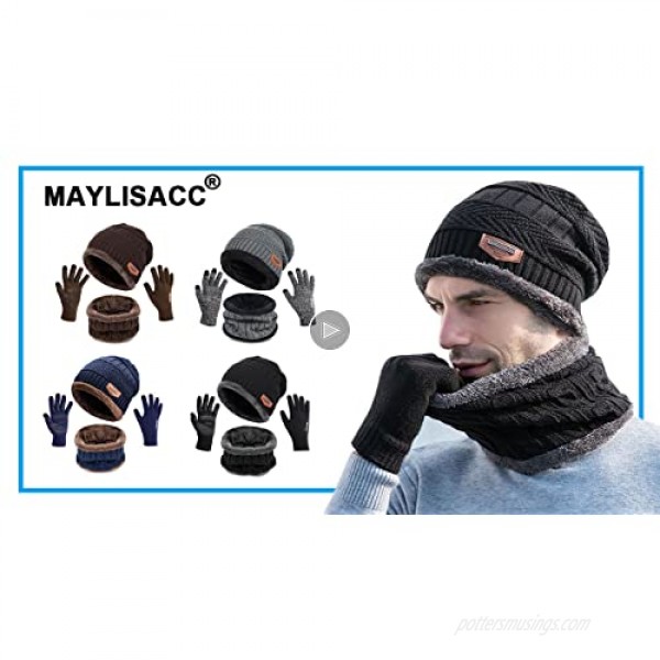 Maylisacc Winter Knit Beanie Hat Neck Warmer Scarf and Touch Screen Gloves Set 3 Pcs Fleece Lined Skull Cap for Men Women