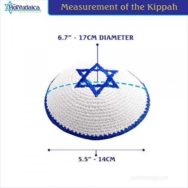 Pack of 4-Pcs - Hq 17cm Mix Colors Hand-Made Knitted Kippah with Star 0f Dav!d Embroidery for Men Boys and Kids Yamaka Hat from Israel - Kippot Bulk. White Blue
