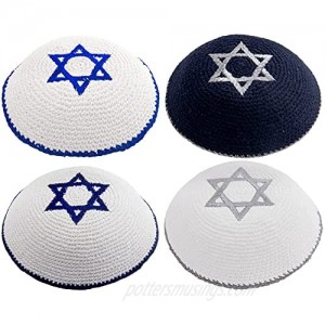 Pack of 4-Pcs - Hq 17cm Mix Colors Hand-Made Knitted Kippah with Star 0f Dav!d Embroidery for Men Boys and Kids  Yamaka Hat from Israel - Kippot Bulk. White Blue